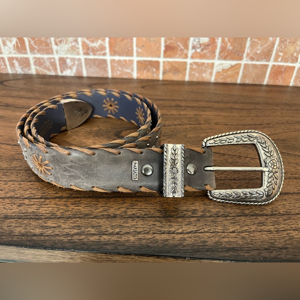 Ariat Grey Leather Belt with Tan Leather Stitching and Silver Buckle